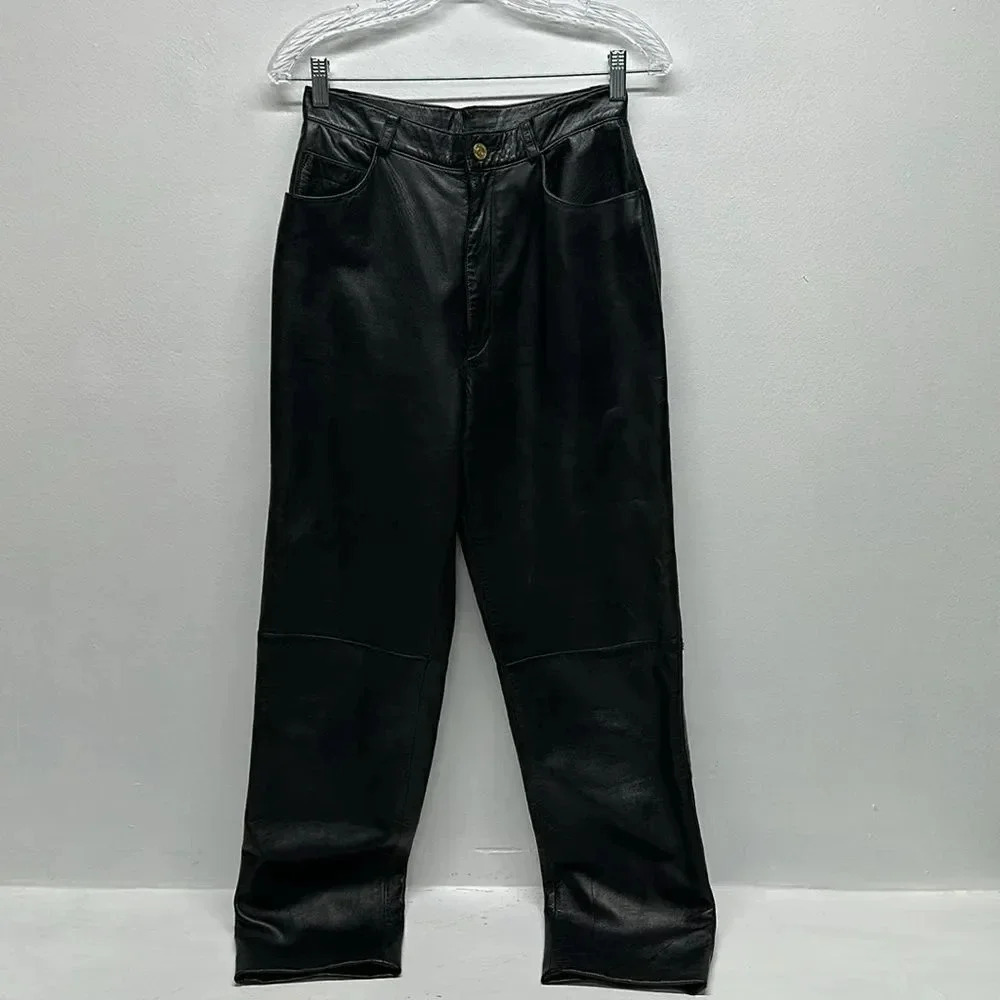 St John Sport Genuine Leather Straight Leg Trouser Pants Pant Black Women Size 6